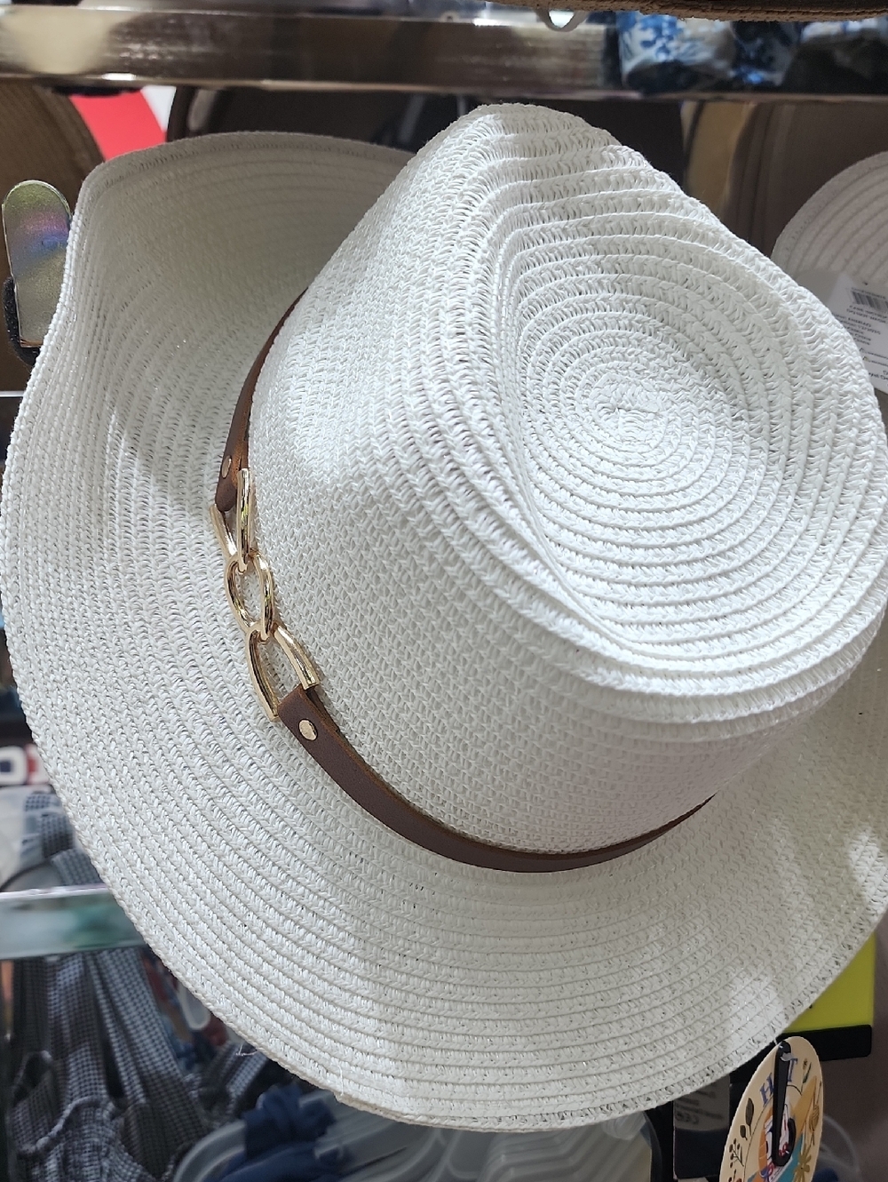 White Straw Fedora with Brown Leather Band